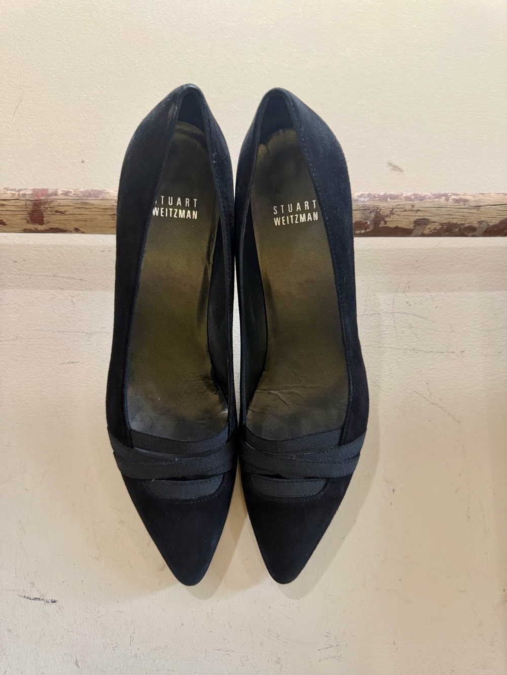 Stuart Weitzman Black Suede Pointed Toe Heels with Vamped Band